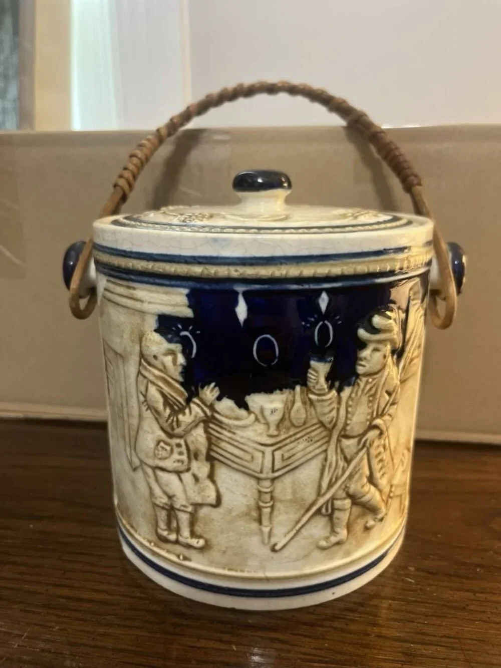 Vintage 1950 Salt Glaze Tobacco Jar Biscuit Japan Bosque Ice Bucket Wheat Wicker